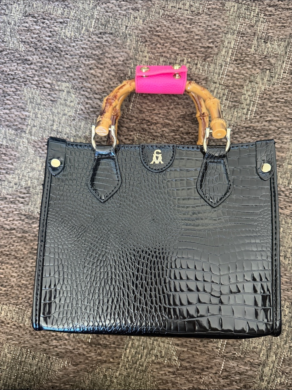 Steve Madden Black Croc-Embossed Top-Handle Tote with Bamboo Handles